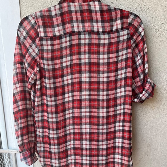 Band of Gypsies red plaid button-up, tunic length, sheer material, size Small - Picture 5 of 8